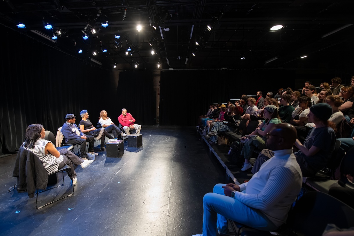 A crowd of students gathered in the Theatre building's studio 404 for the sold-out alumni panel. 