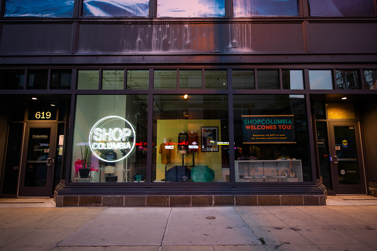 the exterior of shop columbia at dusk