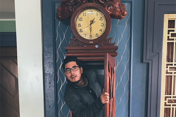 Joseph Mireles and the Fillory Clock from the set of The Magicians