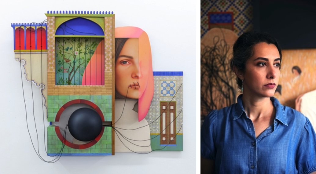 Arghavan Khosravi, The Garden, 2022, acrylic on canvas mounted on shaped wood panels, elastic cord, wood cutout, 59 x 71 x 6 inches; 149.9 x 180.3 x 15.2 cm. Courtesy of the artist. (right) photo: Hossein Fatemi