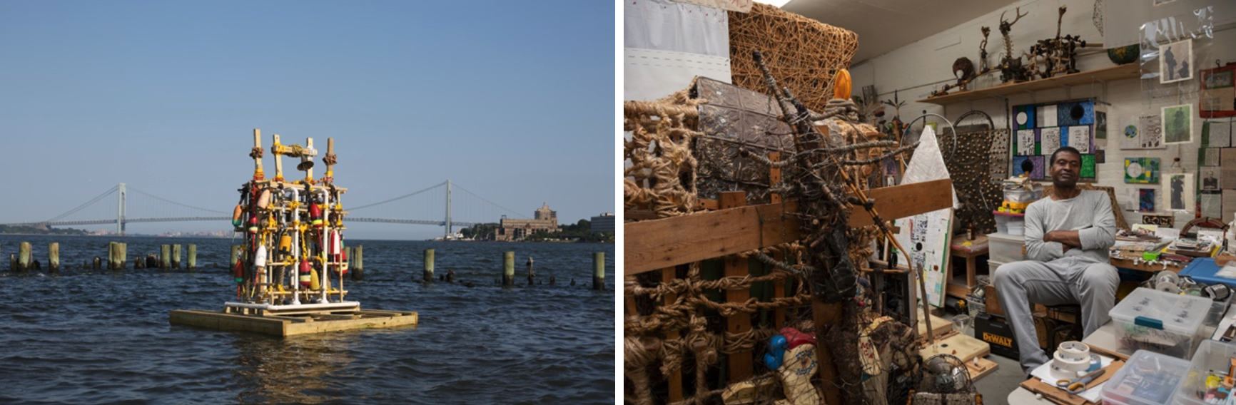 (left) Arthur Simms, Float, Float, Float On, 2018, installation on the Staten Island shore, 127.5 x 99 x 99 inches. photo: Sam Samore. (right) photo of Arthur Simms in his studio: Charles Benton