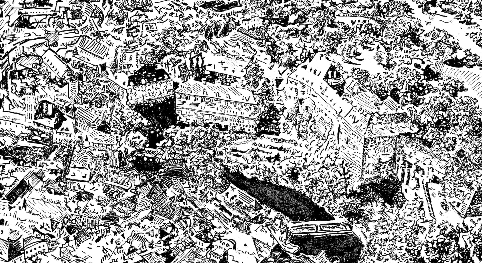 black and white drawing of village