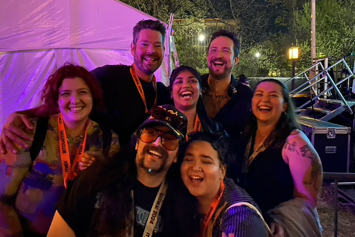Associate Professor of Instruction and SXSW organizer Clayton Smith with students and artist Frank Turner from Frank Turner and the Sleeping Souls
