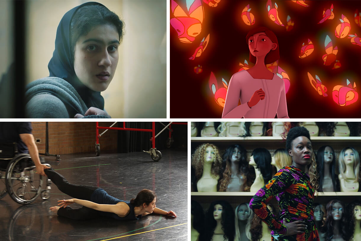 An image of four stills from the 2019 Chicago Feminist Film Festival held at Columbia College Chicago