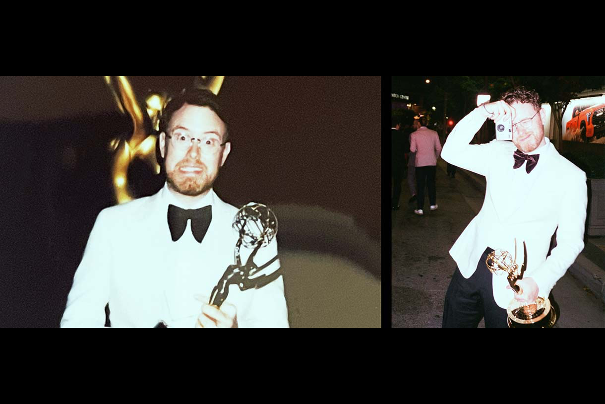 Two photos of Christian Sprenger '07 with his Emmy award, one showing him with an exaggerated frozen smile  and one with him taking a photo himself.