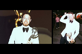 Two photos of Christian Sprenger '07 with his Emmy award, one showing him with an exaggerated frozen smile  and one with him taking a photo himself.