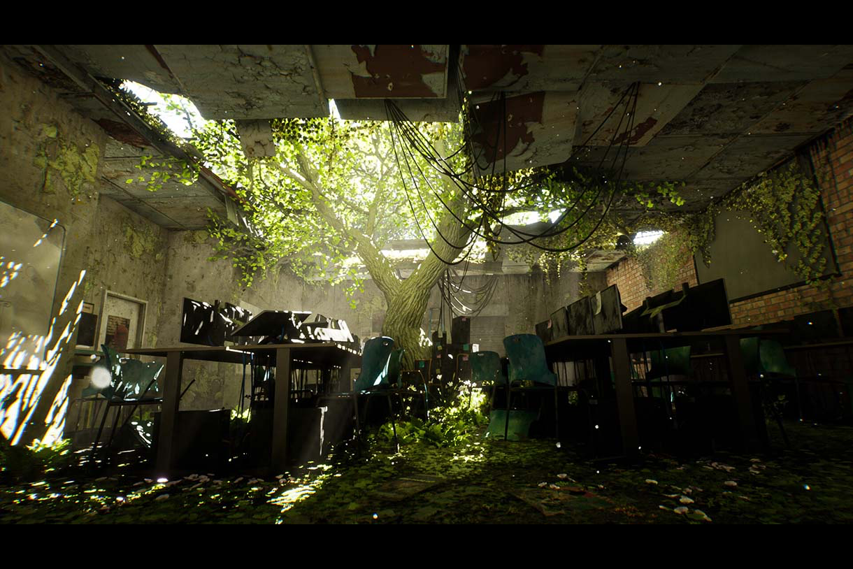 Photo shows part of James Jiang's capstone project, which shows an overgrown classroom that reflects Jiang's vision of a post-apocalyptic world.