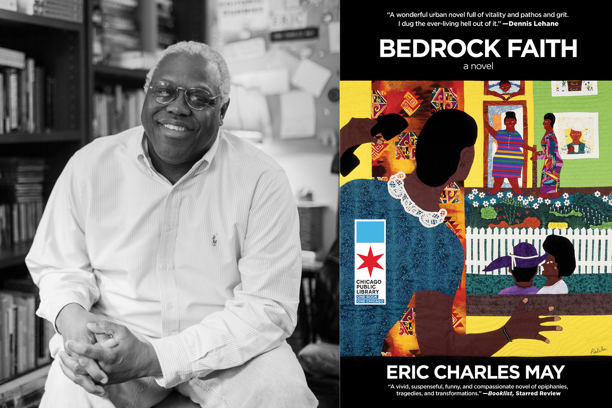 Eric May and the cover of his novel Bedrock Faith