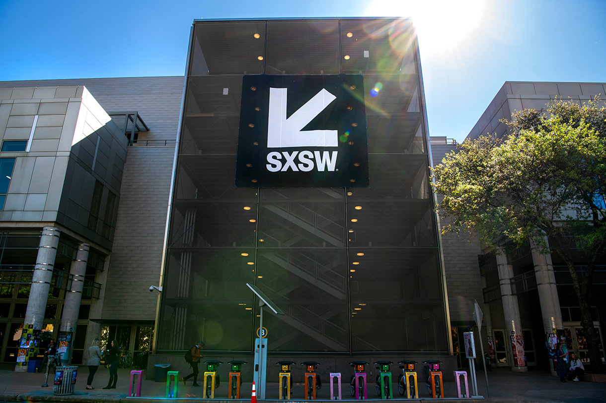 exterior of austin convention center with sxsw signage