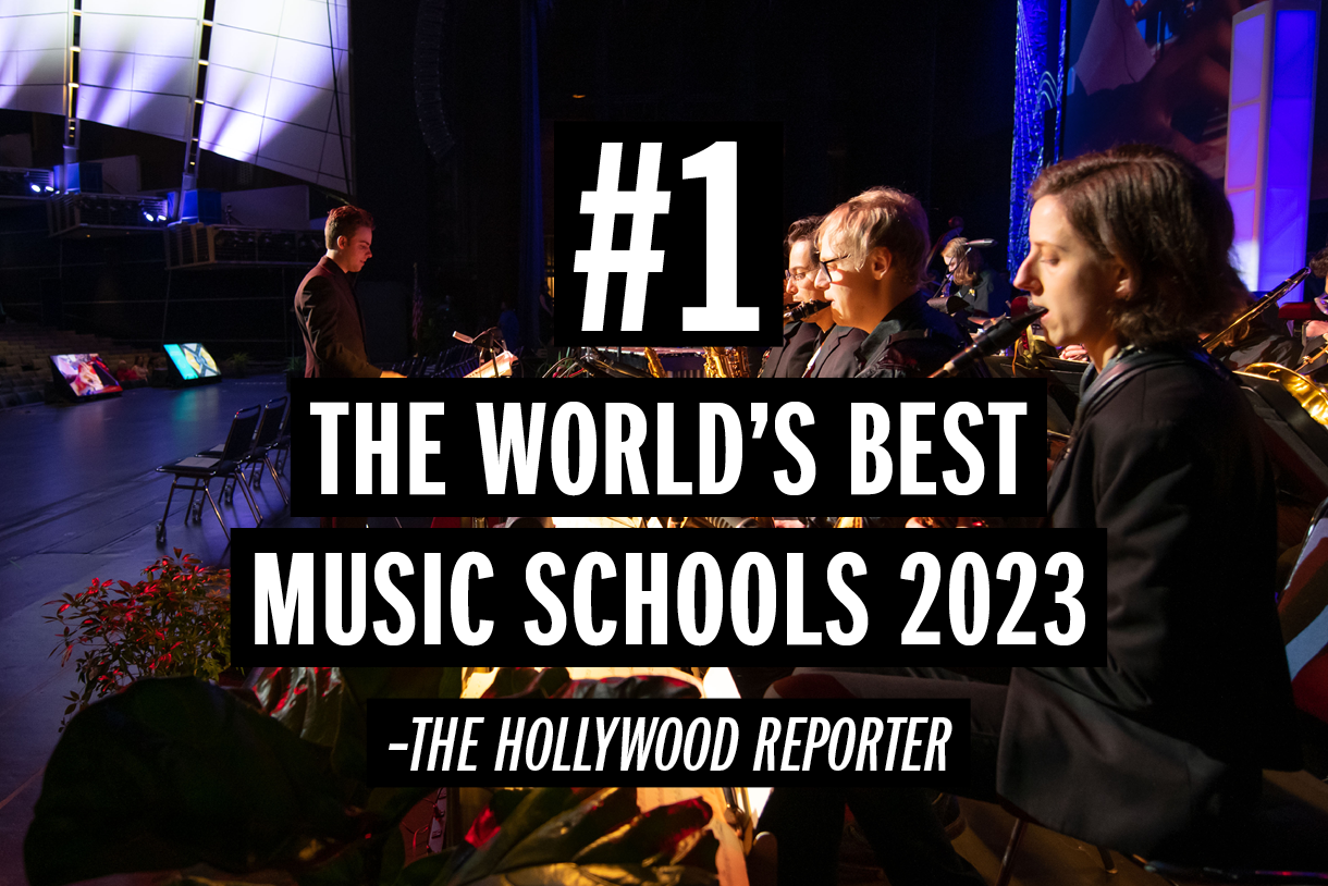 orchestra on stage with text overlay saying #1 worlds best music schools, the hollywood reporter