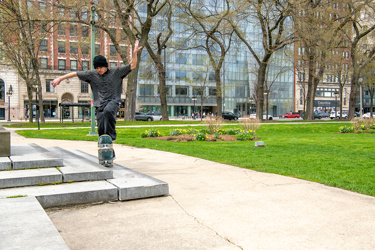 skateboarder on spring day in grant park 